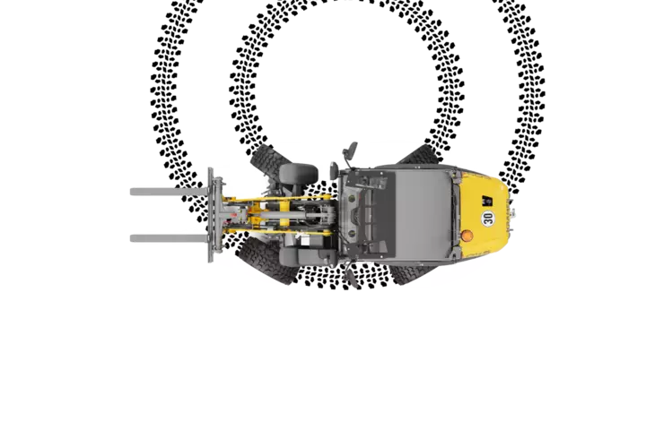 Der Radlader 5045 hat eine Allradlenkung mit hoher Standsicherheit durch den ungeteilten Rahmen.
