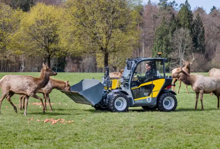 Der Teleskoplader 1445e von Kramer hat eine Fahrzeugbreite unter 1,60 m und eine Fahrzeughöhe unter 2 m.